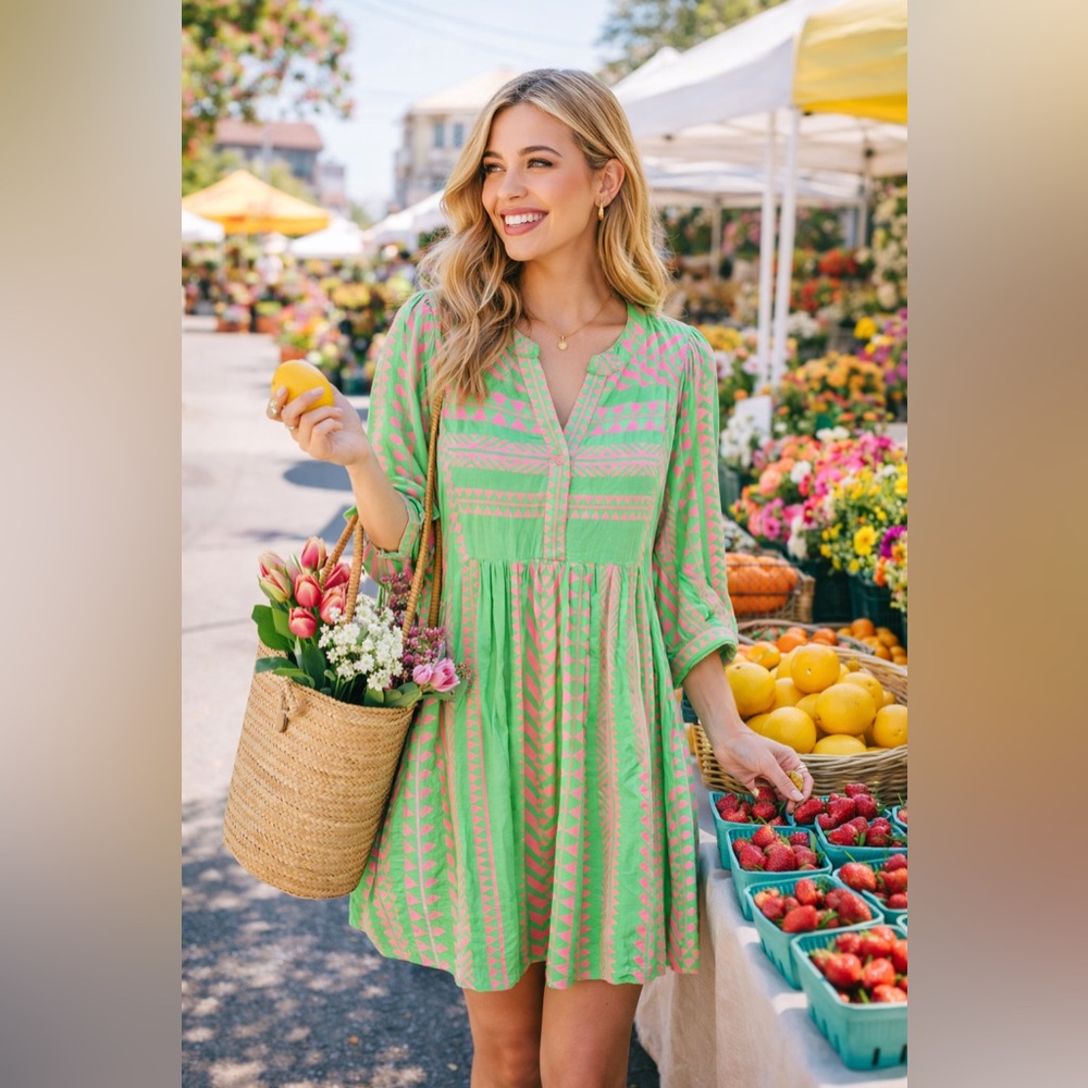 Green and Pink Geometric boho dress - size M/L comfy adorable